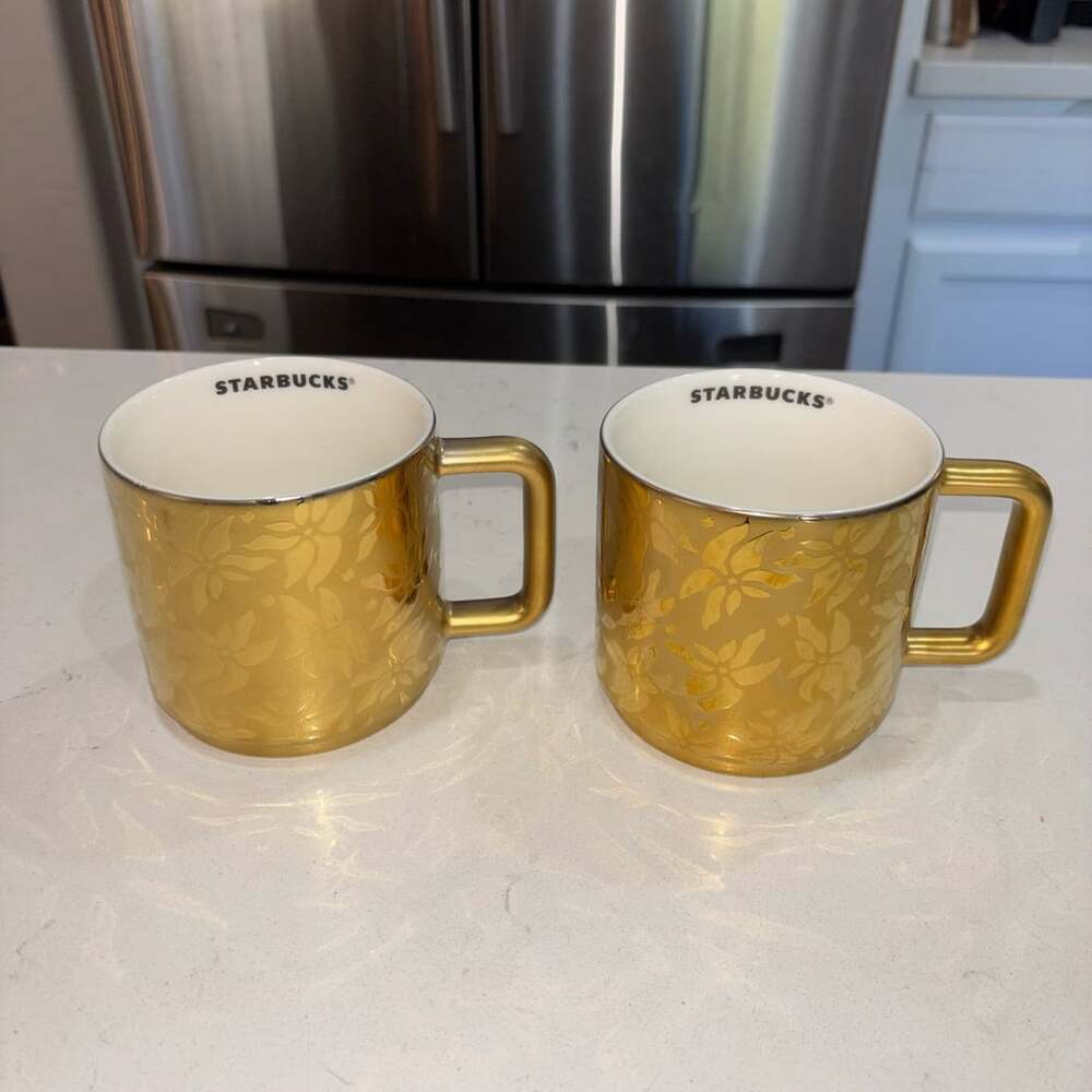 Starbucks Gold Poinsettia Mug 14 fl. oz. Set of 2